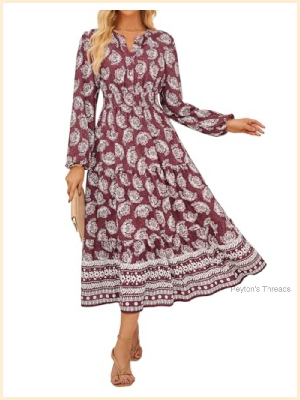 Womens Long Sleeve Maxi Dress V-Neck High Waist Floral Print with Pockets